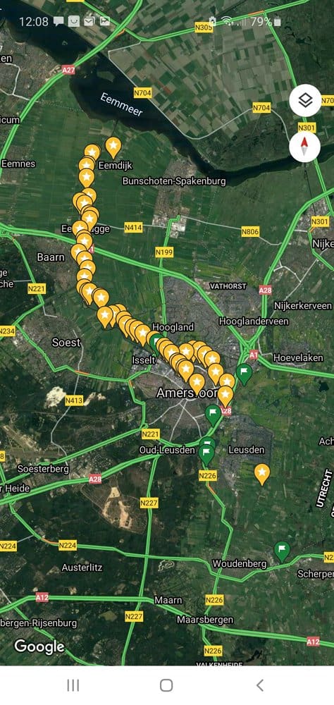 Vangsten en potentiële stekken op Google Maps genoteerd.