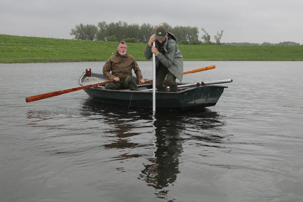 De metalen stokken moeten goed vast in de modderige bodem gedrukt worden.