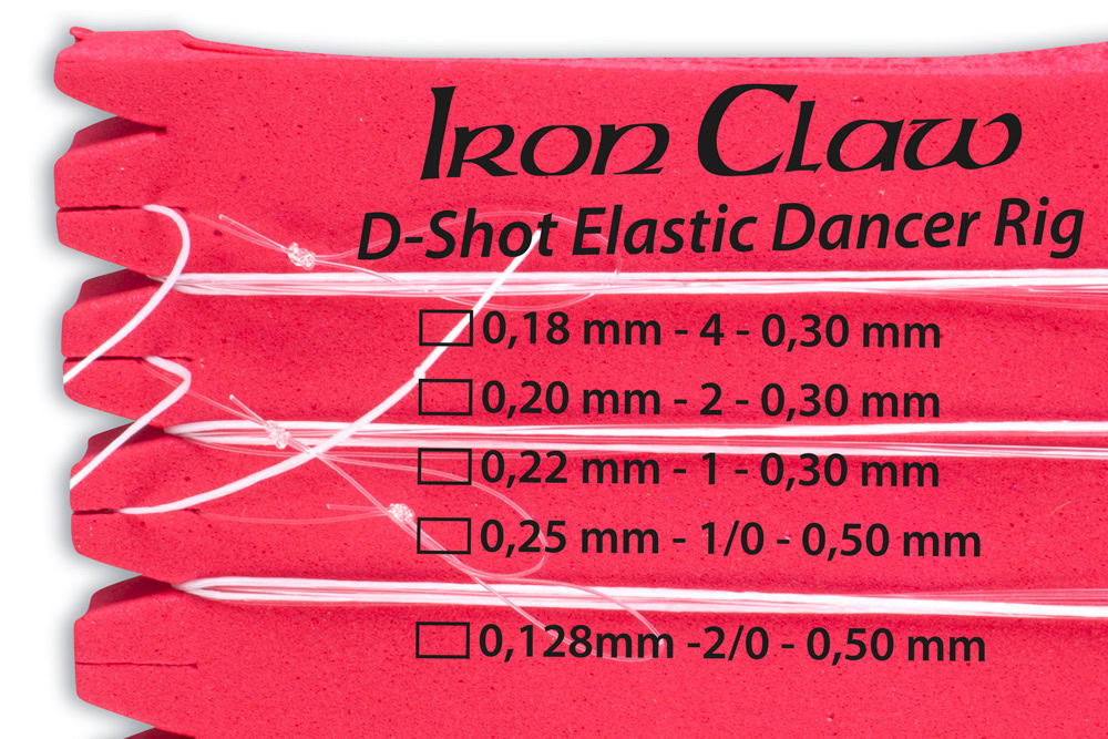 De Iron Claw D-Shot Elastic Dancer Rigs 2.0 zijn vervaardigd van 100% fluorcarbonlijn en uitgevoerd met high-carbon haken. Een verpakking bevat drie onderlijnen.